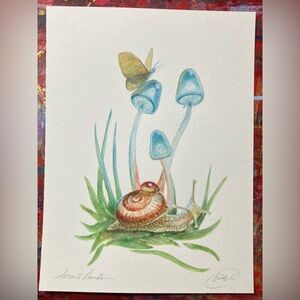 Original snail mushrooms painting botanical art watercolor surrealism Artettina